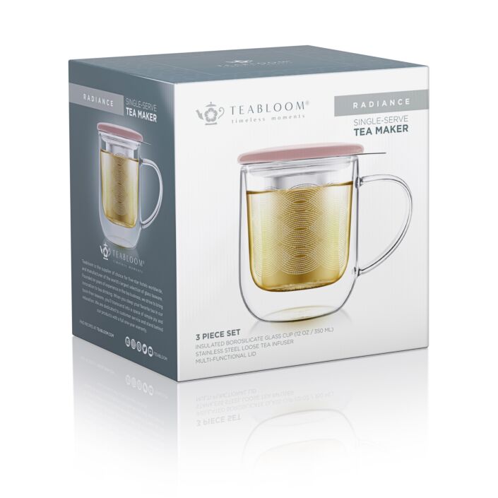 DOUBLE WALL GLASS MUG WITH INFUSER & LID/COASTER